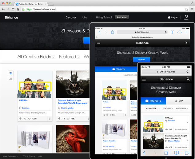 Screenshots of Behance on different devices, including desktop, tablet and smartphone